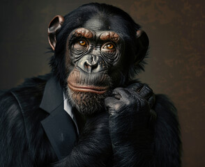 Photorealistic Ape Business man deep in thought With hand on chin The male ape is wearing professional business attire black suit