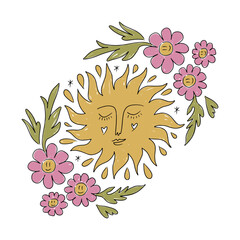 Hippie bohemian groovy funky sun face and flowers in 1960s 1970s boho psychedelic style. Perfect for flash tattoo, T-shirt, music album cover, coloring page, flyer, leaflet and more. Vector - 781109662