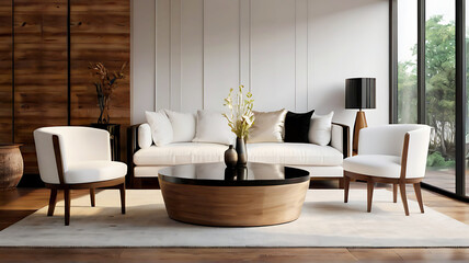 Fototapeta na wymiar Round wooden table with coffee mock, white sofa, and wall | Interior design of the living room