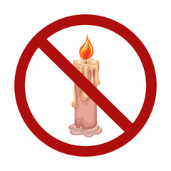 Vector forbidden sign with cartoon burning candle isolated on background. Celebrating birthdays is prohibited. No hope. Grieving in ban.