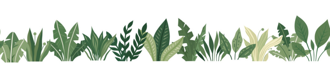 Vector seamless border with tropical plants. Natural frieze with bushes of greenery isolated from the background. - obrazy, fototapety, plakaty