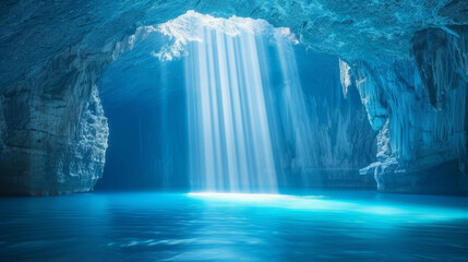 A cave with a blue light shining