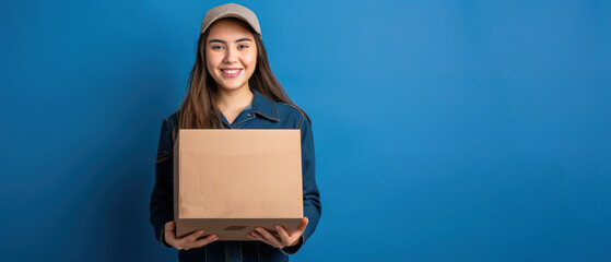 A woman, possibly a courier, covering her face with a cardboard box. Delivery service concept.