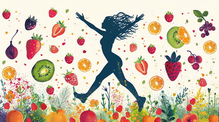 illustration of a Healthy Lifestyle, work and life balance., food, workout, a young woman