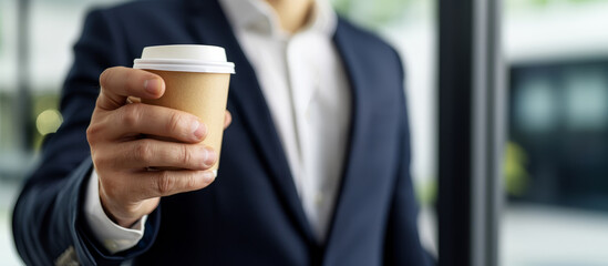 A man in a suit holding a coffee cup