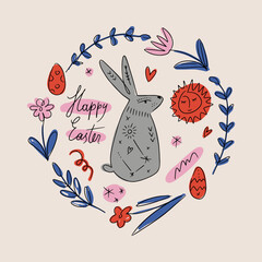 Happy Easter bunny rabbit frame banner template trendy cute lettering typographic vector postcard composition with sign, spring holiday elements. Good for cards, flyer, leaflet, product label, social - 781110278