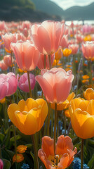 Field of flowers in the spring breeze is full, with pink and yellow tulips blooming brightly on a sunny day. Spring floral card