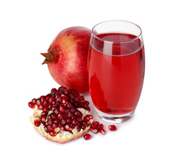 Refreshing pomegranate juice in glass and fruits isolated on white