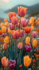 Field of pink and orange tulips in various shades, with the sea and mountains visible behind them. Spring floral card