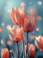 Beautiful  peach tulips with dewdrops on the petals and light streaming through them., with a blurred background, light blue and white tones.  Dreamy atmosphere. Spring floral background