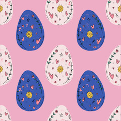 Happy Easter eggs wallpaper trendy cute seamless pattern, spring holiday abstract elements. Good for cards, flyer, leaflet, product label, social networks and more. Boho doodle characters wrapping