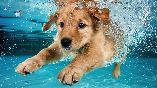 Underwater funny photo of golden labrador retriever puppy in swimming pool play with fun umping, diving deep down. Actions, training games with family pets and popular dog breeds.