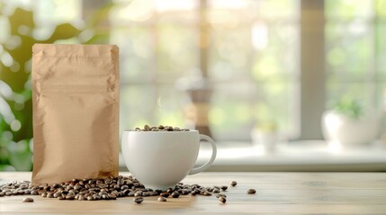 Coffee beans in white cup with craft paper bag mockup on beautifully blurred background