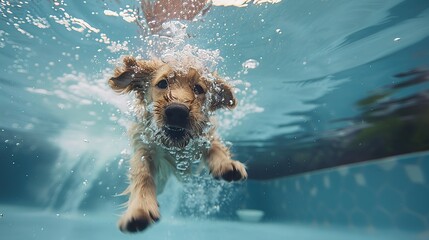 Underwater funny photo of golden labrador retriever puppy in swimming pool play with fun umping,...