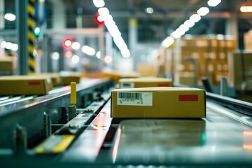 Package with barcode on warehouse conveyor belt