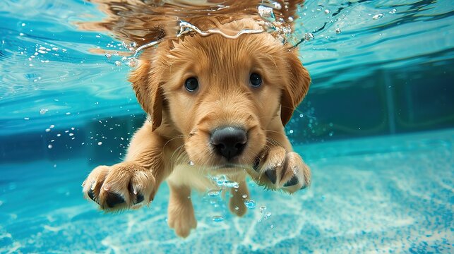 Underwater funny photo of golden labrador retriever puppy in swimming pool play with fun umping, diving deep down. Actions, training games with family pets and popular dog breeds.