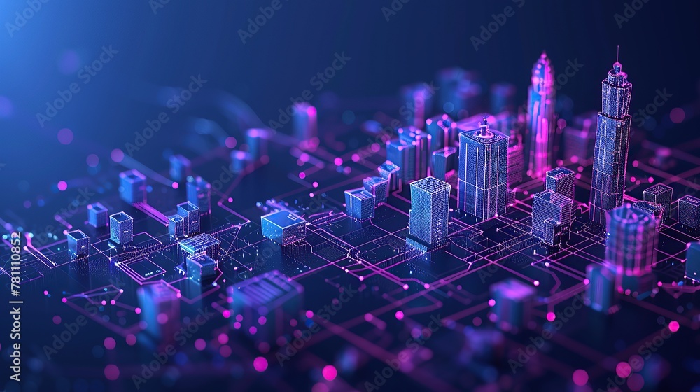 Poster wi-fi smart city or network. low poly wireframe. building automation with computer board illustratio
