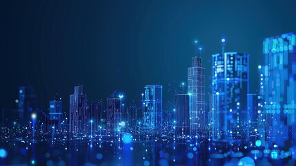 Wi-Fi smart city or network. Low poly wireframe. Building automation with computer board illustration. Isolated on a dark blue background. Plexus points and lines. Wireless smart city or network.