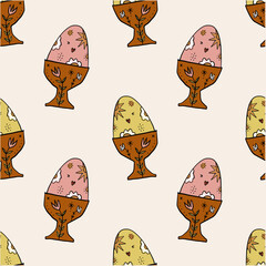 Happy Easter eggs wallpaper trendy cute seamless pattern, spring holiday abstract elements. Good for cards, flyer, leaflet, product label, social networks and more. Boho doodle characters wrapping - 781110846