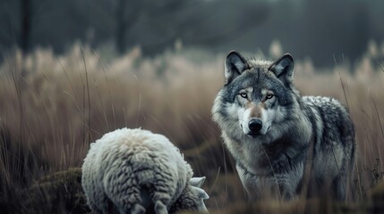 Wolf pretending to be a sheep concept. image of animal. copy space for text.