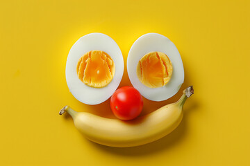 Simple composition made of two half cut boiled egg as eyes, tomato as nose and banana for mouth creating a playful smile on a yellow background. Minimal food concept. Banner with copy space