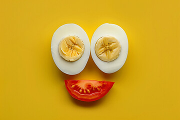 Happy face made of two half cut boiled egg as eyes and slice of tomato for smile on a yellow background. Minimal food idea. Banner with copy space