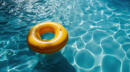 yellow swimming pool ring float in blue water. concept color summer. copy space for text.