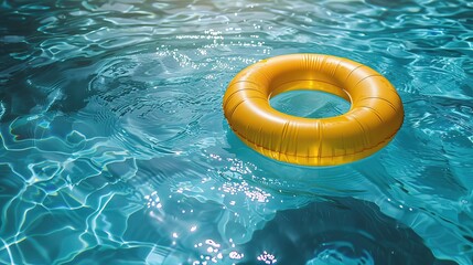 yellow swimming pool ring float in blue water. concept color summer. copy space for text.