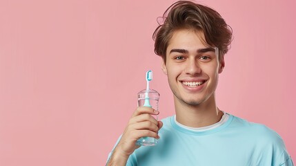 Young man with mouthwash and toothbrush on pink background. copy space for text. - obrazy, fototapety, plakaty