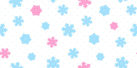 Blue and pink snowflakes on a white background with light blue polka dots. New Year endless texture. Vector seamless pattern for festive design, Christmas wallpaper, banner, surface texture and print