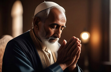 Old muslim man praying in the room with his hands folded in prayer 