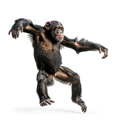 Energetic chimpanzee leaping on white background