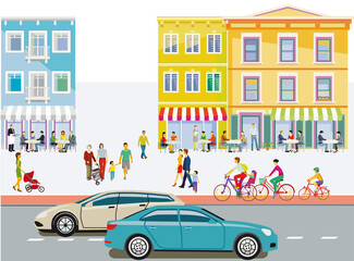 Stadtsilhouette mit Menschengruppen in der Freizeit im Wohnviertel, Illustration - 781111841