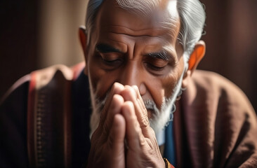 Portrait of praying  old muslim man with his hands folded in prayer 