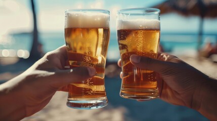 Close up of two men hands holding cold craft beer glasses at summer beach cafe