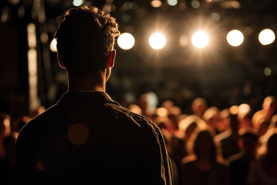 An anxious student overcoming fear of public speaking on the stage, student  fear of public speaking on the stage, AI-generated