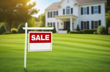 House for sale sign. Blank house sign in green grass on the house background. House sale sign mockup 