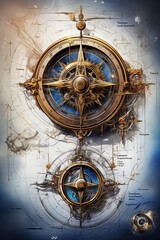 Nautcal compass blueprint, sketch , technical drawing. Exploration and sailing concept. Poster design. Ai Generative