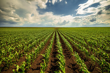 Expansive view of a green corn field stretching into the horizon under a dramatic cloudy sky - obrazy, fototapety, plakaty