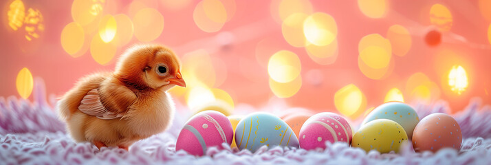 Cute baby chicken sitting among colorful Easter eggs on a pastel pink background with bokeh lights, with an easter theme banner design. Easter greeting card