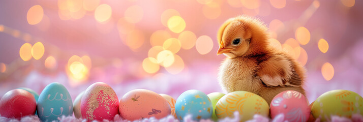 A cute baby chick sitting on colorful Easter eggs, with a soft pastel pink background and bokeh lights in the distance. Dreamy scene perfect for an adorable Easter banner template. Greeting card