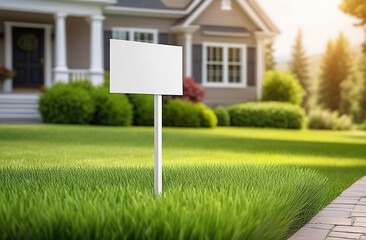 House for sale sign. Blank house sign in green grass on the house background. House sale sign mockup 