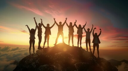 Group of diverse friends celebrating success on mountain summit at sunrise, silhouetted against the sky; Concept of achievement, friendship, and adventure.

