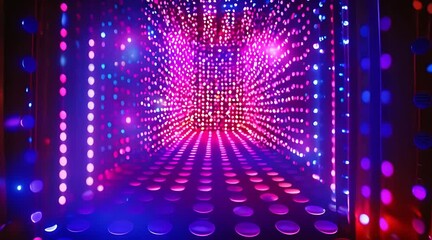 A dark room illuminated by a tunnel of vibrant and colorful lights, creating a dazzling and immersive visual experience for viewers