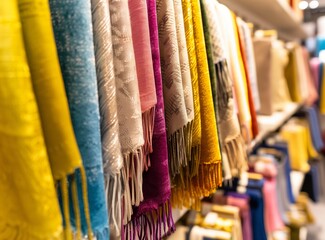 Colorful fabric samples in various colors and textures arranged on display, textile material color swatches with blurred background of home decor store interior.