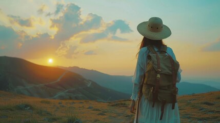 Woman in dress, straw hat, backpack, enjoying sunset mountains, epitomizing outdoor travel concept