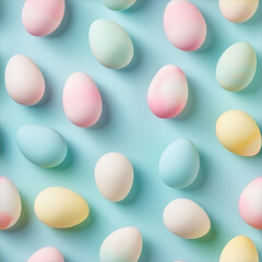 Seamless Easter pattern with soft pastel easter eggs on a light blue background. Minimal Easter concept