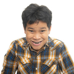 funny child making crazy faces on white background