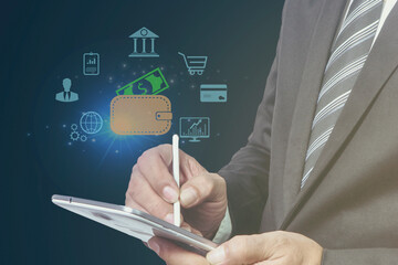 Businessman Hand Using Smartphone to Connect Digital Wallet. Mobile banking, online finance, e-commerce, Smart, E-wallet, Financial and Economy.