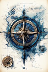 Fototapeta na wymiar Nautcal compass blueprint, sketch , technical drawing. Exploration and sailing concept. Poster design. Ai Generative